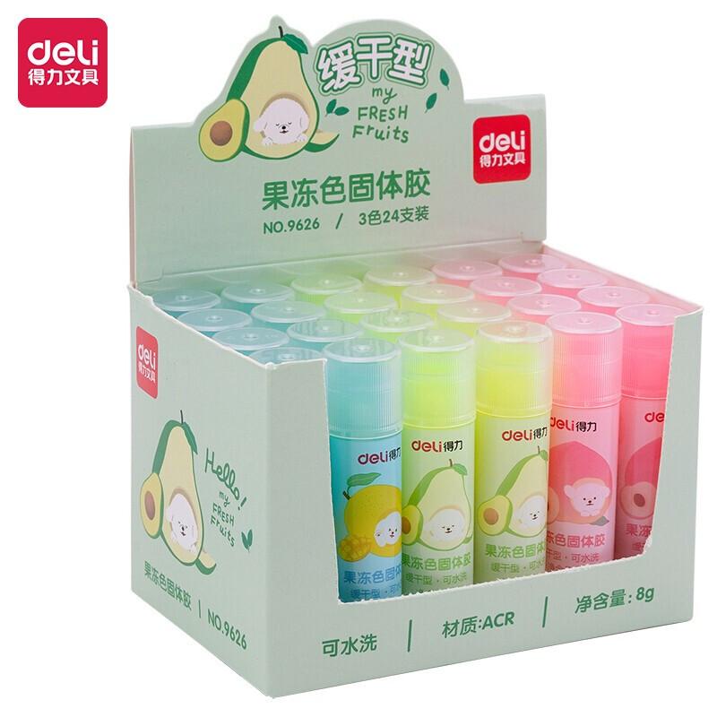 得力(deli)8g果冻色ACR固体胶水 清新可爱彩色胶棒 高粘顺滑可水洗 3色/24支 学生儿童手工 9626
